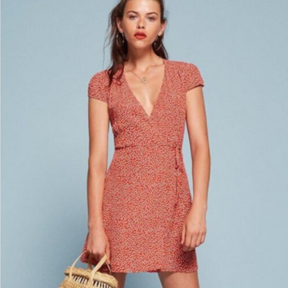 Reformation Oyster Red Floral Wrap Dress, sz L